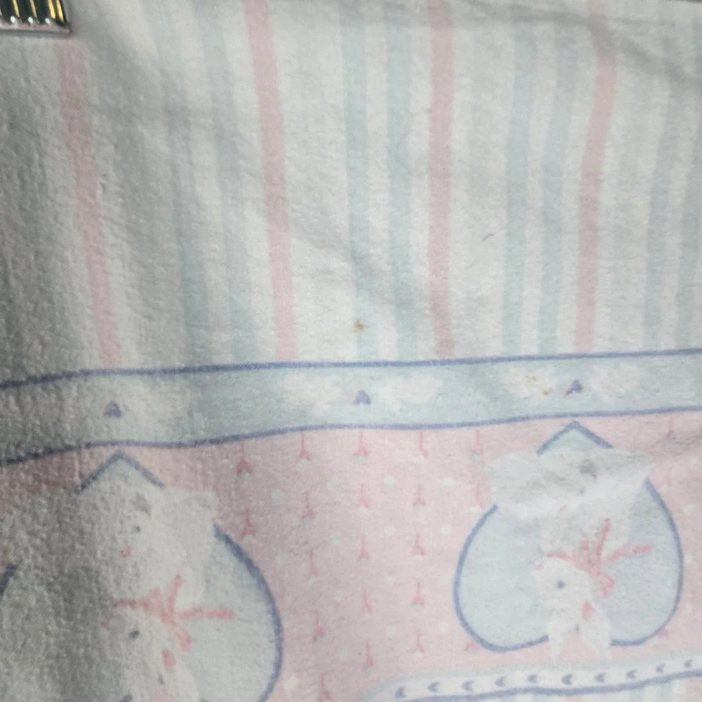 Vintage 1989 Genesis Inc Baby Blanket Pink Blue Stripe Bunny Heart Flannel 34x38